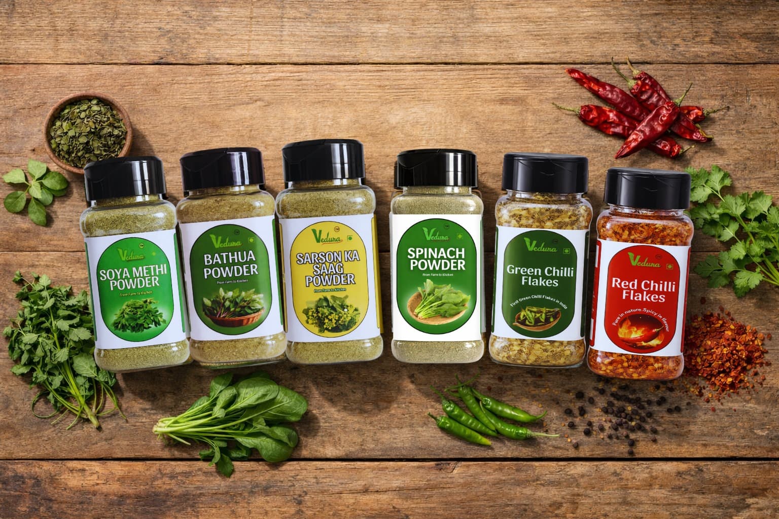 Vedura Foods natural Indian spices and dehydrated greens product range — Buknu, Chai Masala, Green Chilli Flakes