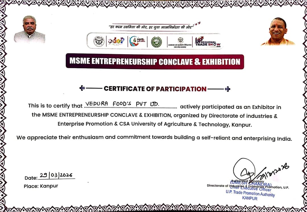 MSME Entrepreneurship Conclave & Exhibition — Certificate of Participation for Vedura Foods Pvt Ltd, CSA University Kanpur, March 2026