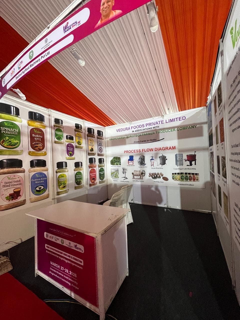 Vedura Foods stall at the MSME Entrepreneurship Conclave & Exhibition, CSA University Kanpur, March 2026 — showcasing dehydrated food products and process flow